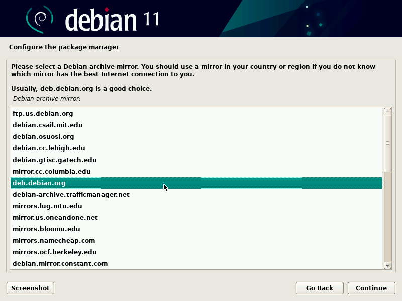 Selecció d'un mirall de Debian